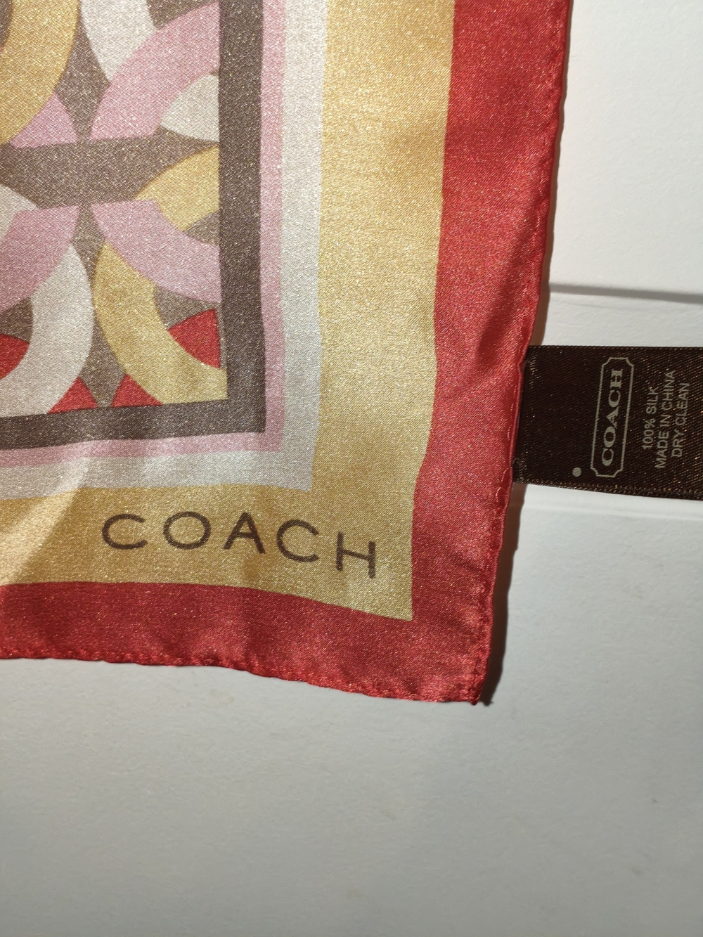 COACH 100% Silk 35" X 35" Signature C Pink, Cream & Gold Geometric Scarf